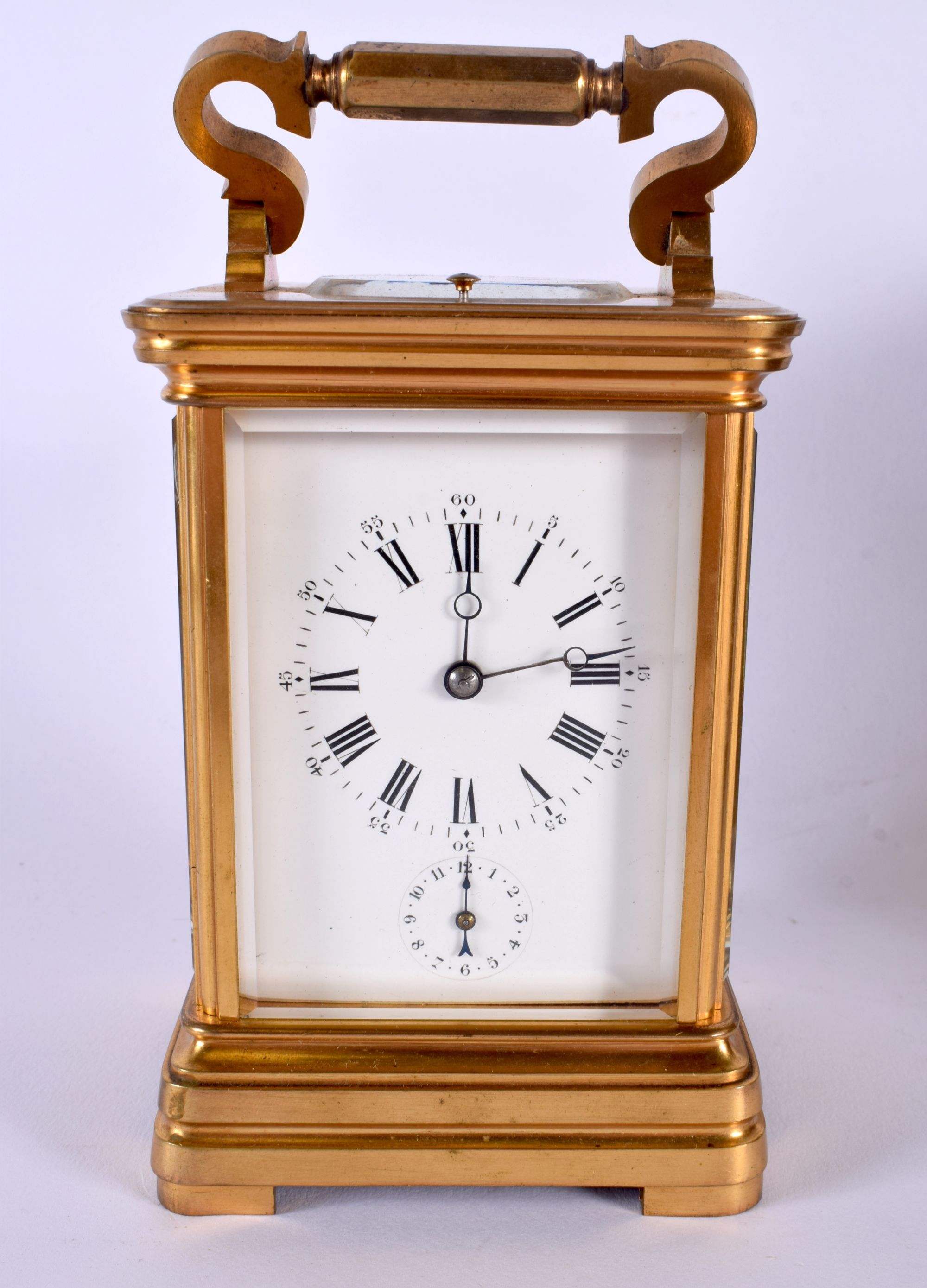 AN ANTIQUE FRENCH CASED REPEATING CARRIAGE CLOCK with subsidiary dial. 18.5 cm high inc handle. - Image 2 of 6