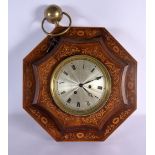 A LARGE ANTIQUE ENGLISH MARQUETRY OCTAGONAL HANGING WALL CLOCK decorated with foliage and vines. 40