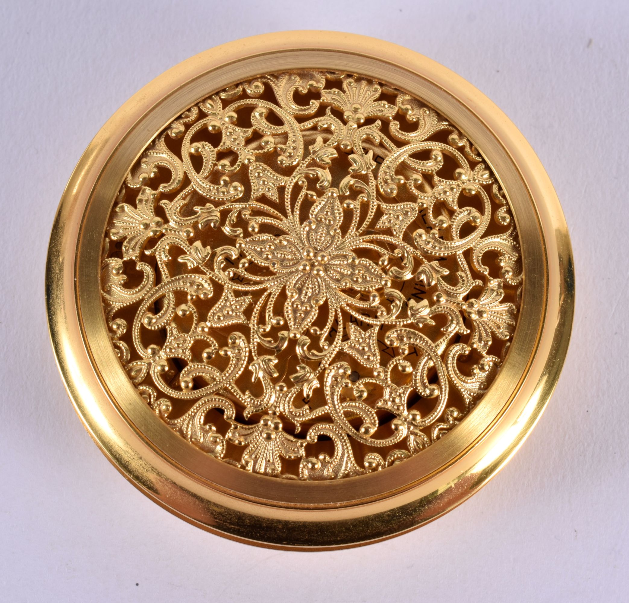 AN UNUSUAL VINTAGE JAEGER LE COULTRE FILIGREE CLOCK. 7.5 cm diameter. - Image 3 of 4