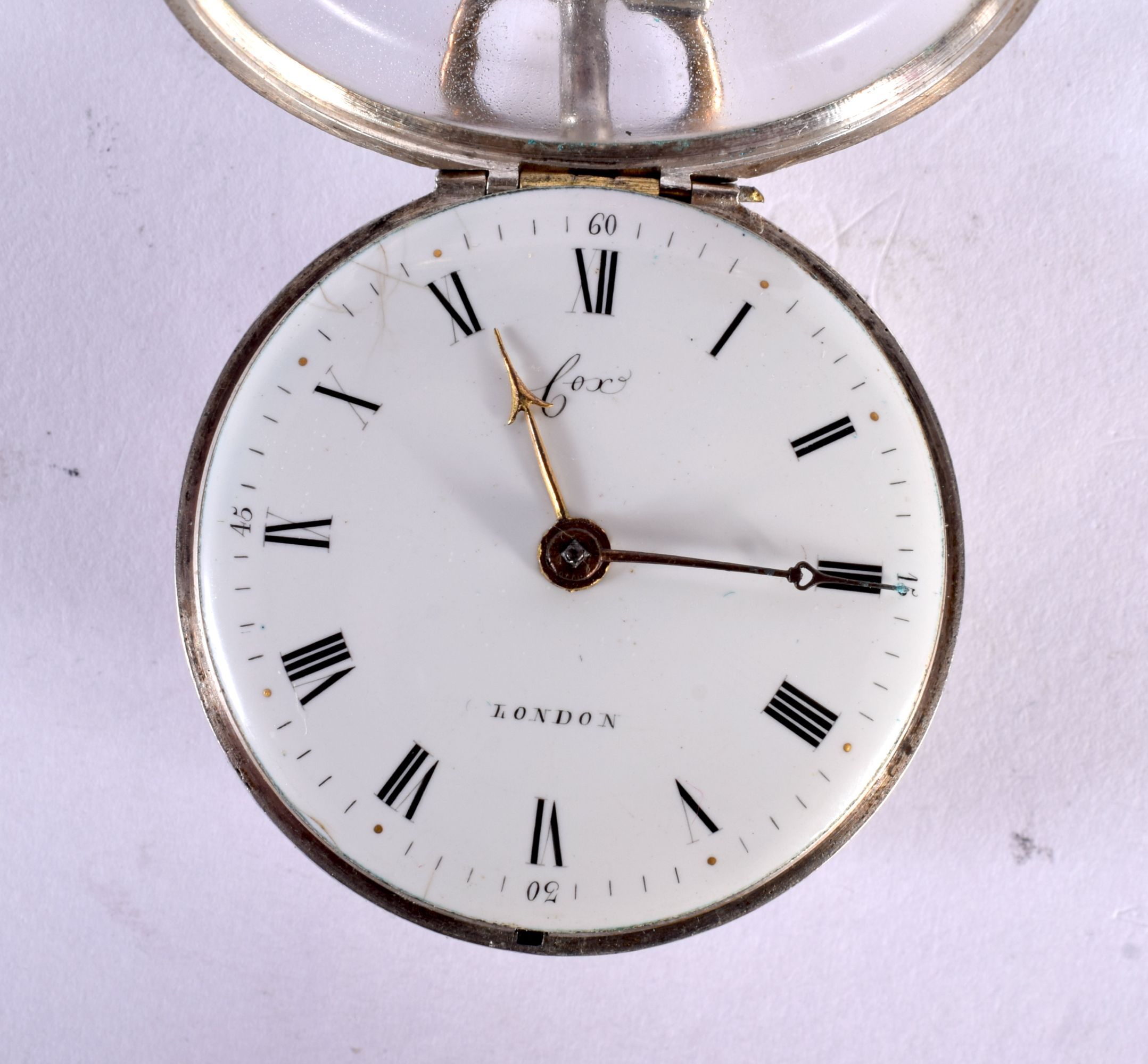 AN EARLY 19TH CENTURY ENGLISH SILVER POCKET WATCH by Cox of London. 111 grams. 5.5 cm wide. - Image 4 of 10