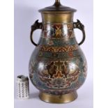 A LARGE 19TH CENTURY CHINESE TWIN HANDLED CHAMPLEVE ENAMEL VASE converted to a lamp. 72 cm x 30 cm.