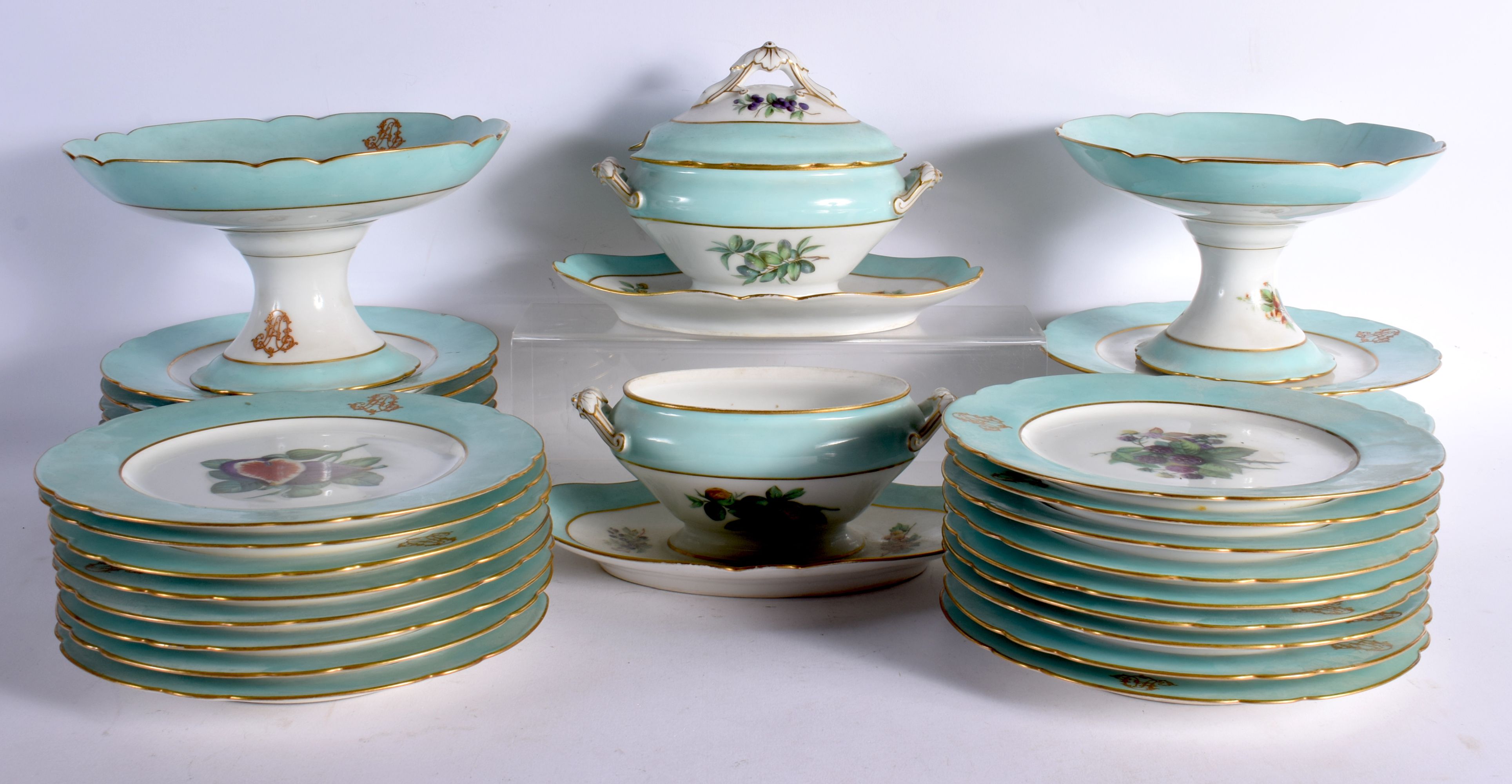 A LARGE AND EXTENSIVE LATE 19TH CENTURY FRENCH PORCELAIN DINNER SERVICE painted with a monogram. Lar