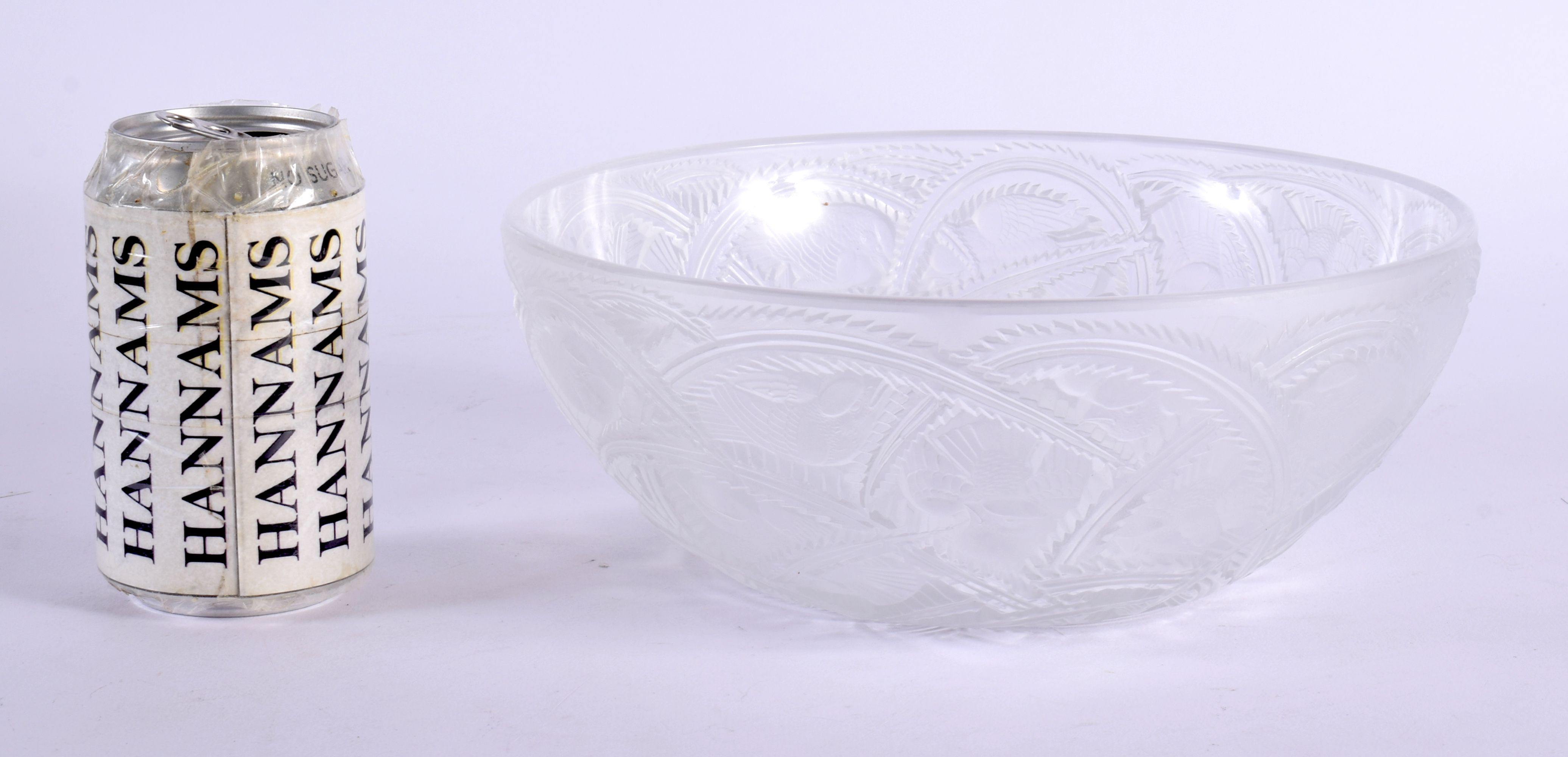 A LARGE FRENCH LALIQUE GLASS VASE decorated with birds and foliage. 22 cm x 10 cm.