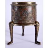 A 12TH / 13TH CENTURY CENTRAL ASIAN BRONZE & SILVER TRIPOD INCENSE BURNER the body with inlaid silve
