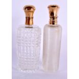 TWO ANTIQUE GOLD FRENCH CRYSTAL GLASS SCENT BOTTLES. 9 cm x 3 cm. (2)