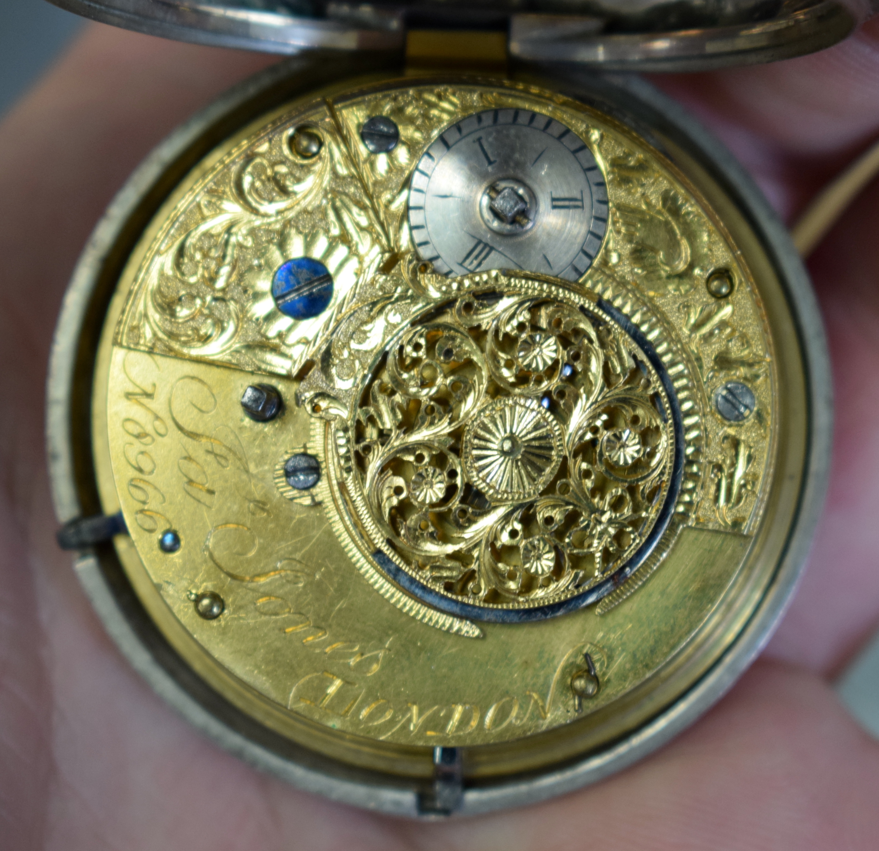 AN EARLY 19TH CENTURY ENGLISH SILVER DOUBLE DIAL POCKET WATCH. London 1807. 153 grams overall. 6 cm - Image 5 of 9