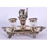 A VICTORIAN SILVER DESK STAND with glass liners and original snuffer. Silver 315 grams. 21 cm x 16 c