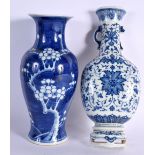 A 19TH CENTURY CHINESE BLUE AND WHITE PORCELAIN PRUNUS VASE together with a similar blue and white w