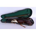 A CASED SINGLE PIECE BACK VIOLIN bearing label to interior Compagnon, with two bows. Violin 57 cm lo