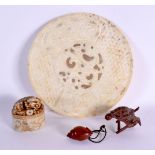 A CHINESE CARVED STONE BI DISC 20th Century, together with a seal, pendant and boxwood toad. Largest