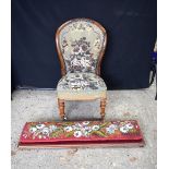 A VICTORIAN BEAD UPHOLSTERED CHAIR together with a rectangular bead work stool. Largest 105 cm x 25