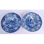 TWO 19TH CENTURY ENGLISH BLUE AND WHITE POTTERY DISHES decorated with animals in landscapes. 23 cm w