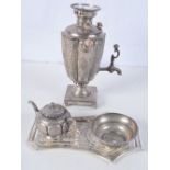 AN ANTIQUE PERSIAN WHITE METAL KETTLE ON STAND with tray and drinking bowl. 1085 grams. Largest 22 c