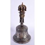 A 19TH CENTURY TIBETAN BRONZE MIXED METAL BUDDHISTIC BELL with phurba type finial. 20 cm high.