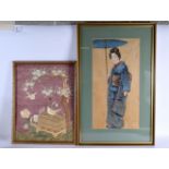 Chinese School (19th Century) Watercolour, together with a Chinese silk. Largest 46 cm x 25 cm. (2)