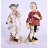 A 19TH CENTURY GERMAN PORCELAIN FIGURE OF A BOY Meissen style, together with another similar. 13 cm