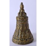 AN 18TH CENTURY EUROPEAN BRONZE BELL decorated in relief with figures in various pursuits, the top e