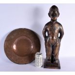 AN ARTS AND CRAFTS COPPER DISH together with a large standing fire side figure. Largest 50 cm high.