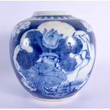 AN UNUSUAL 19TH CENTURY CHINESE BLUE AND WHITE PORCELAIN GINGER JAR bearing Qianlong marks to base.