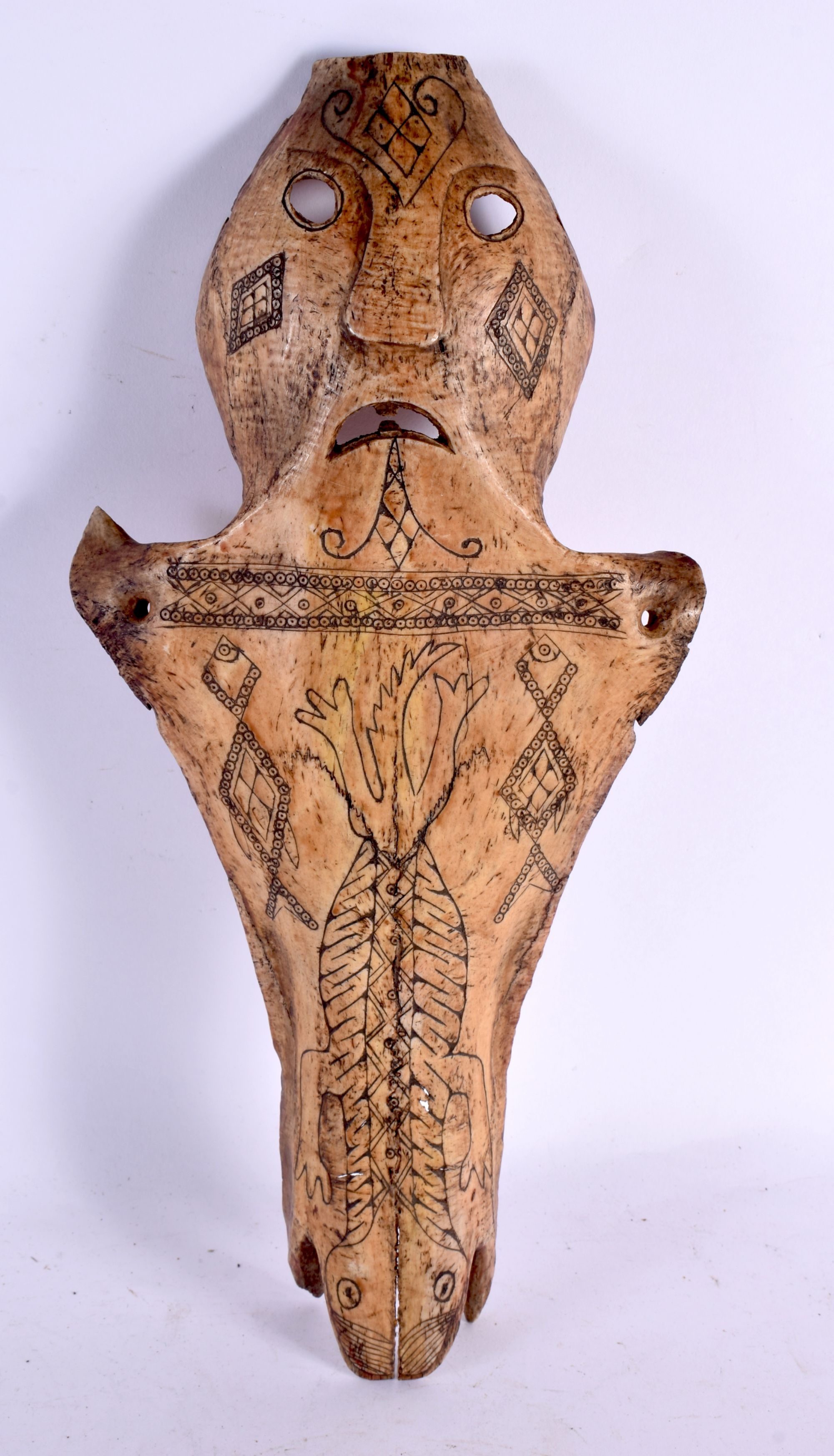 A RARE 19TH CENTURY CONTINENTAL TRIBAL CARVED AND ENGRAVED HORSE SKULL decorated with animals and mo