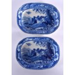 A RARE PAIR OF 19TH CENTURY ENGLISH BLUE AND WHITE DISHES depicting hunting dogs. 13 cm x 10 cm.
