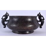 A CHINESE TWIN HANDLED SILVER INLAID BRONZE CENSER 20th Century. 20 cm wide, internal width 10 cm.