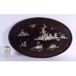 A LARGE 19TH CENTURY CHINESE CARVED HARDWOOD MOTHER OF PEARL TRAY decorated with figures. 64 cm x 46
