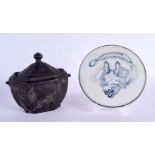 A 19TH CENTURY ENGLISH BLACK BASALT SUGAR BOX AND COVER together with a man and ass novelty teapot s