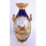 Grainger Worcester reticulated two handled vase painted with a fox hunting scene in a raised gilt pa