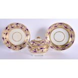 19th century Derby tureen and cover, a plate and a saucer dish painted with purple scrolls, red mark