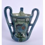 AN ART NOUVEAU BRANNAM THREE HANDLED POTTERY TYG C1900, decorated with fish. 15 cm x 14 cm.