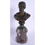 A 19TH CENTURY EUROPEAN GRAND TOUR BRONZE BUST OF AN EMPEROR modelled upon a marble base. 24 cm high
