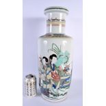 A LARGE CHINESE FAMILLE VERTE PORCELAIN ROULEAU VASE probably 19th century, Kangxi style, painted wi