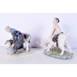 A Royal Copenhagen Milkmaid figure together with a young Faun riding a billy goat figure 21 cm (2)