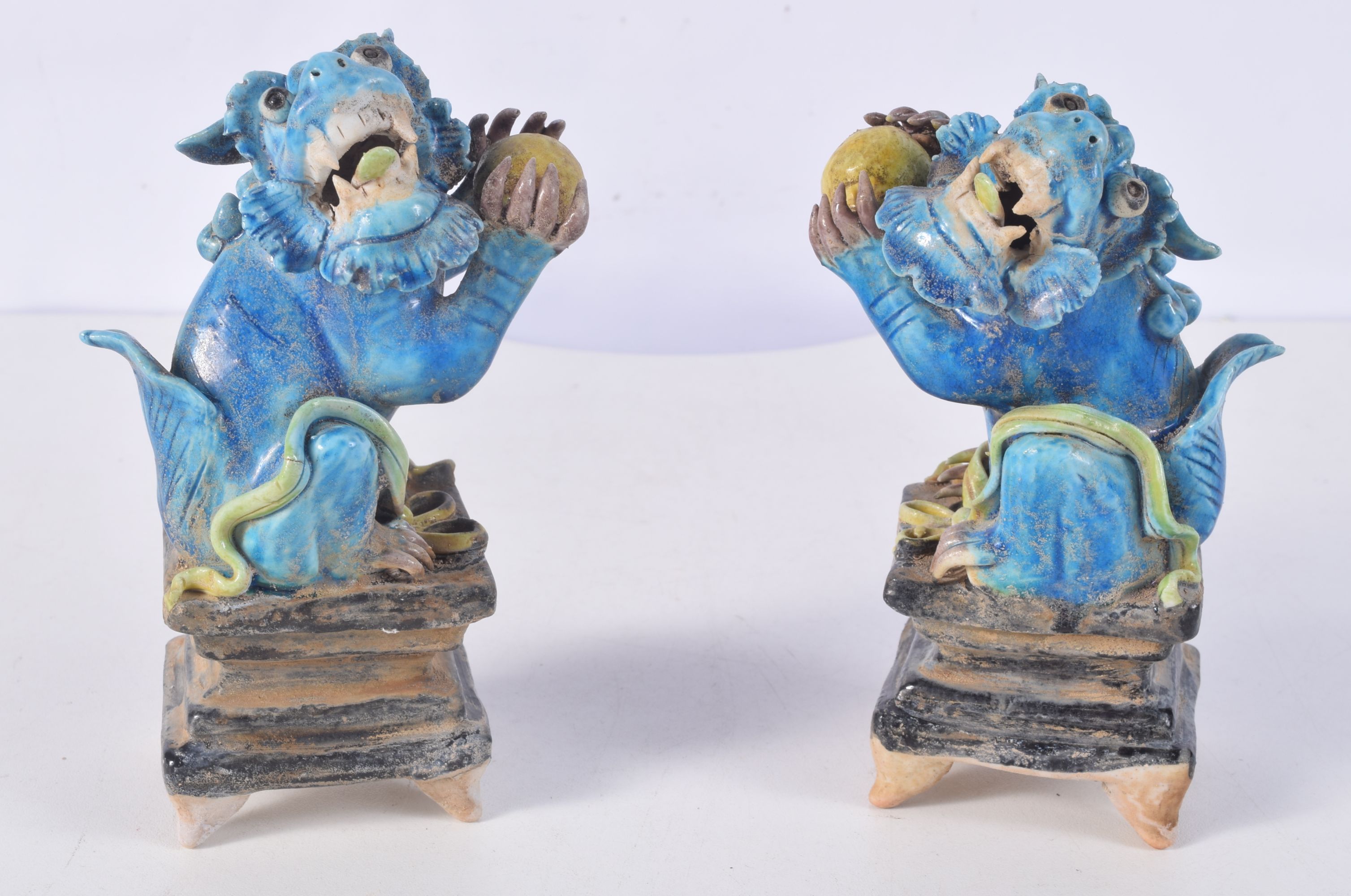 A pair of Chinese Turquoise glazed pottery Temple Lions 15 cm (2).