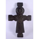 A RARE 19TH CENTURY BRITISH CARVED BOG OAK CRUCIFIX possibly Medieval, modelled as a male figure wit