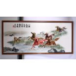 Chinese School (20th Century) Silkwork, Horses within a landscape. 94 cm x 44 cm.