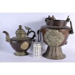 A RARE LARGE 18TH/19TH CENTURY TIBETAN MIXED METAL SILVER OVERLAID TEAPOT with warmer, decorated wit