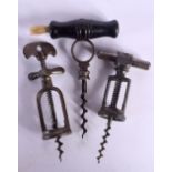 THREE ANTIQUE CORKSCREWS. Largest 16 cm x 7 cm. (3)