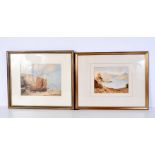 A framed 19th Century watercolour of fishing boats on a beach, indistinctly signed together with an