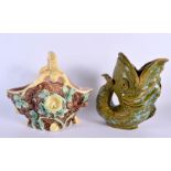 AN ANTIQUE MAJOLICA POTTERY BASKET together with a grotesque pottery fish jug. Largest 22 cm x 15 cm