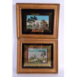 A PAIR OF VICTORIAN BEAD WORK PICTURES within eglomise type glass surrounds. 30 cm x 24 cm.