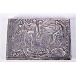A CONTINENTAL SILVER BOX EMBOSSED WITH DANCING FIGURES. Unable to read markings, 1cm x 8.6cm x 5.7