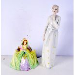 A Royal Doulton figurine "Pensive" together with a Thorley curtsying female largest 33 cm (2)