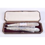 A PAIR OF ANTIQUE MOTHER OF PEARL RAZORS. 24.5 cm long extended.