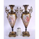 A LARGE PAIR OF LATE 19TH CENTURY FRENCH SEVRES STYLE TWIN HANDLED PORCELAIN VASES probably Paris. 4