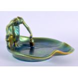 A 1930 HUNGARIAN ZSOLNAY PECS IRIDESCENT PORCELAIN FIGURAL DISH. 16 cm wide.