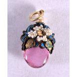 A 19TH CENTURY CHINESE KING FISHER FEATHER PINK QUARTZ PENDANT Qing. 2 grams. 2.5 cm x 1.25 cm.