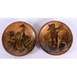 A RARE PAIR OF VICTORIAN COUNTRY HOUSE LACQUERED DISHES painted with figures on horseback. 15 cm dia