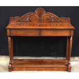 A late Victoria Century wooden 2 drawer console table with Art Deco style back plate 122x 126 x 51 c